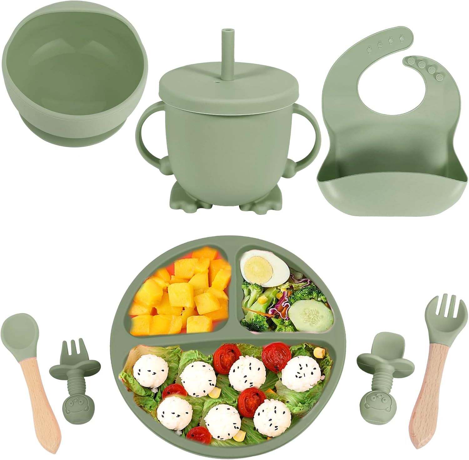 8 pcs Silicone Baby Feeding Set, Baby Led Weaning Supplies with Suction Bowl Divided Plate, Self Feeding Spoons Forks Sippy Cup Adjustable Bib, Eating Utensils for 6+ Months (Green)