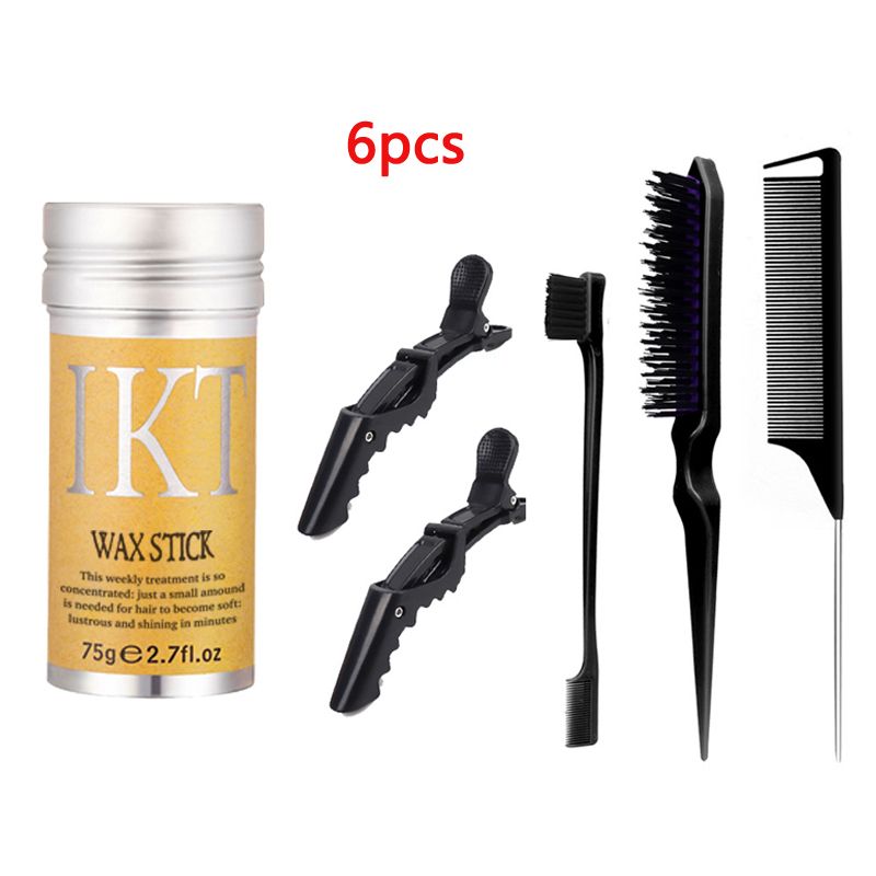6pcs Hair Comb Set Hair Brush Set  Hair Wax Stick Slick Back Hair Brush Set: Hair Wax, Edge Brush, Rat Tail Comb, Bristle Brush, Smoothing Brush for Women & Kids