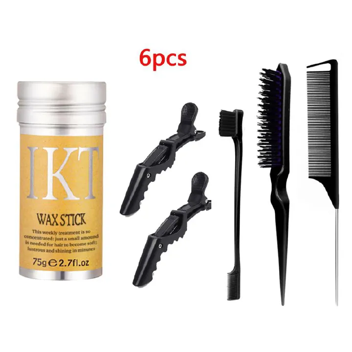 6pcs Hair Comb Set Hair Brush Set  Hair Wax Stick Slick Back Hair Brush Set: Hair Wax, Edge Brush, Rat Tail Comb, Bristle Brush, Smoothing Brush for Women & Kids