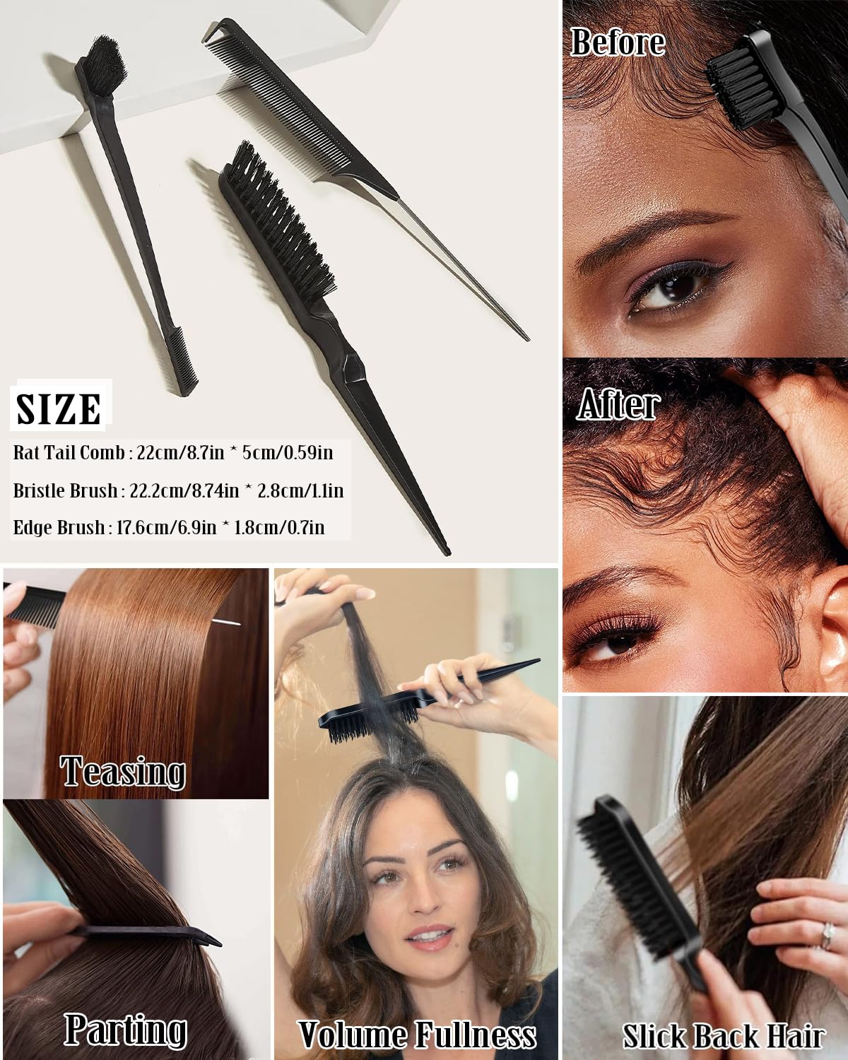 6pcs Hair Comb Set Hair Brush Set  Hair Wax Stick Slick Back Hair Brush Set: Hair Wax, Edge Brush, Rat Tail Comb, Bristle Brush, Smoothing Brush for Women & Kids