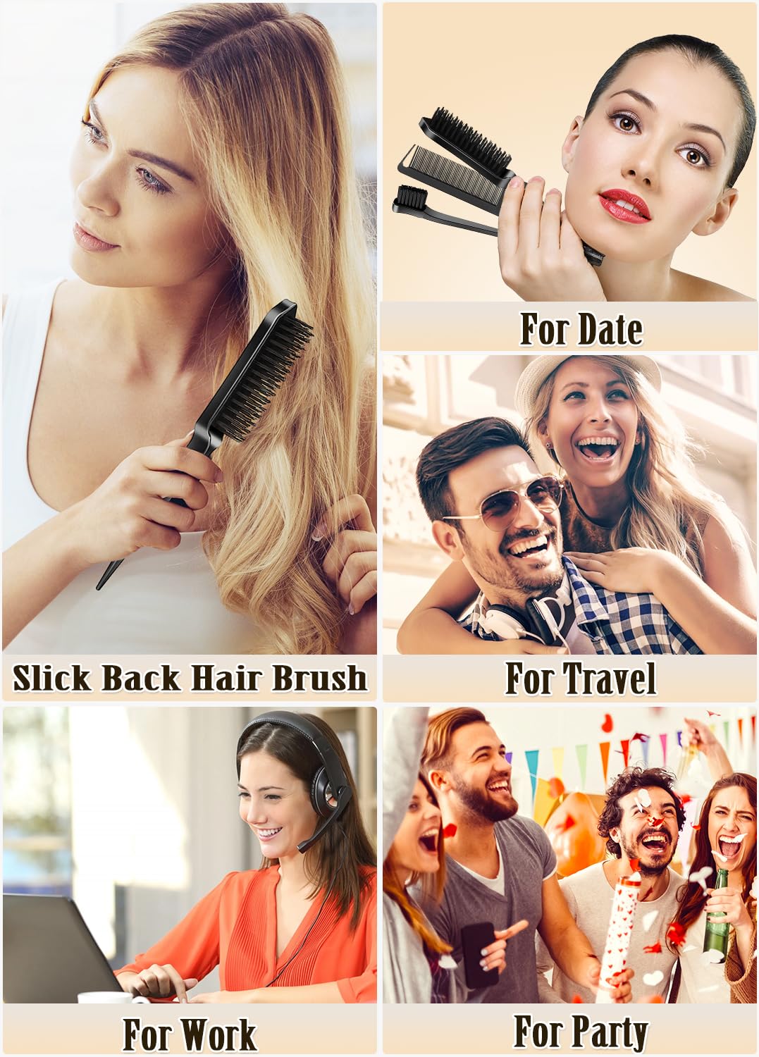 6pcs Hair Comb Set Hair Brush Set  Hair Wax Stick Slick Back Hair Brush Set: Hair Wax, Edge Brush, Rat Tail Comb, Bristle Brush, Smoothing Brush for Women & Kids