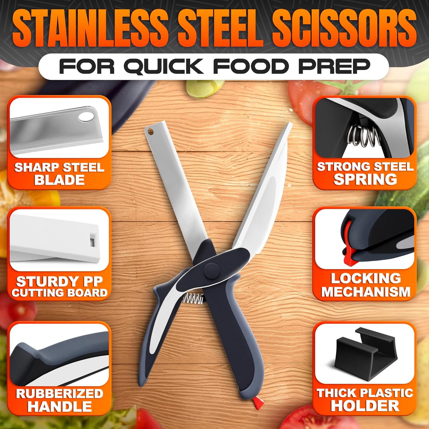 2 in 1 Kitchen Scissors for Food – Stainless Steel Blade & Plastic Cutting Board Scissors with Safety Lock | Tomato Knife, Fruit & Vegetable Cutter – Easy-to-Use Kitchen Shears for Meat, Cheese