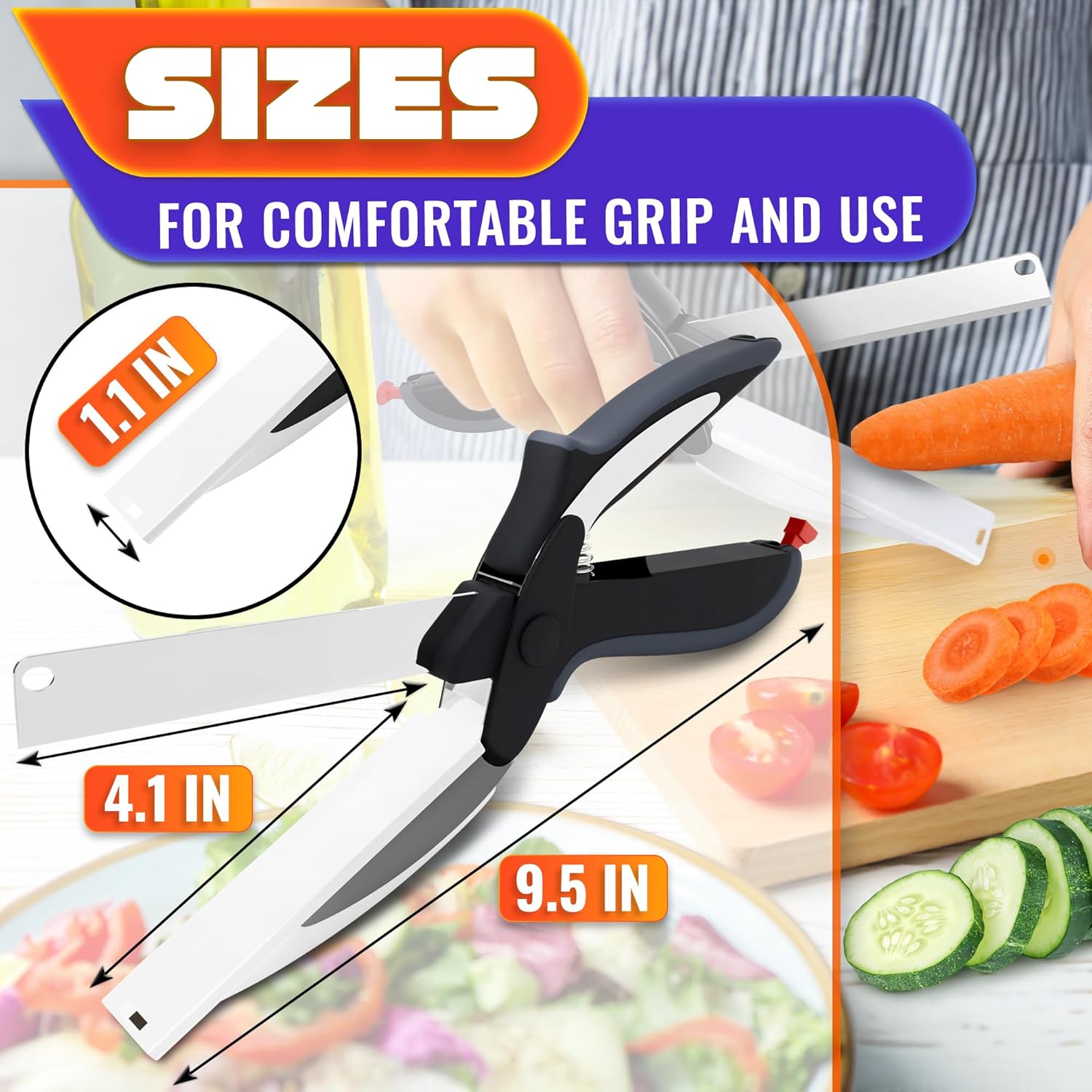 2 in 1 Kitchen Scissors for Food – Stainless Steel Blade & Plastic Cutting Board Scissors with Safety Lock | Tomato Knife, Fruit & Vegetable Cutter – Easy-to-Use Kitchen Shears for Meat, Cheese