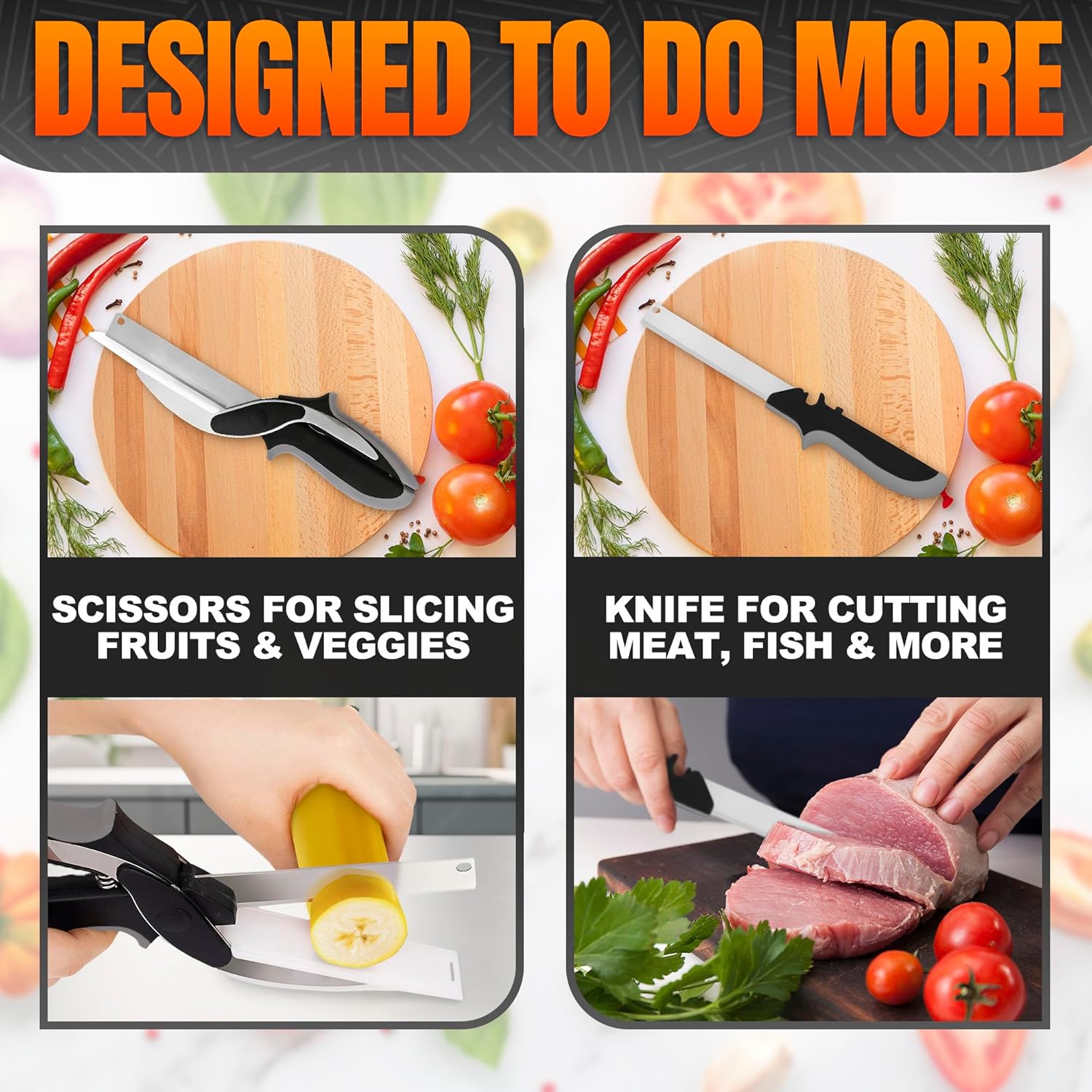 2 in 1 Kitchen Scissors for Food – Stainless Steel Blade & Plastic Cutting Board Scissors with Safety Lock | Tomato Knife, Fruit & Vegetable Cutter – Easy-to-Use Kitchen Shears for Meat, Cheese