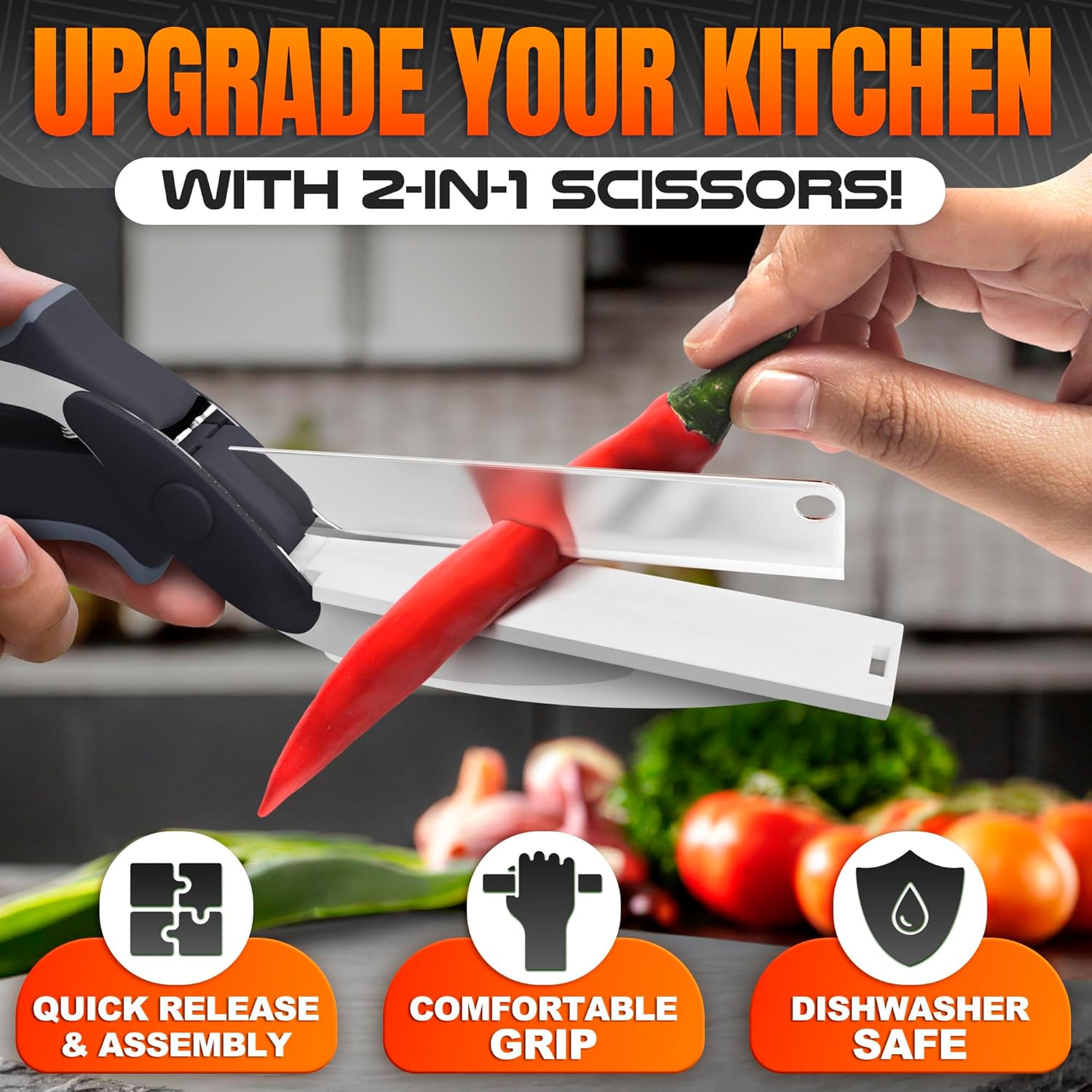 2 in 1 Kitchen Scissors for Food – Stainless Steel Blade & Plastic Cutting Board Scissors with Safety Lock | Tomato Knife, Fruit & Vegetable Cutter – Easy-to-Use Kitchen Shears for Meat, Cheese