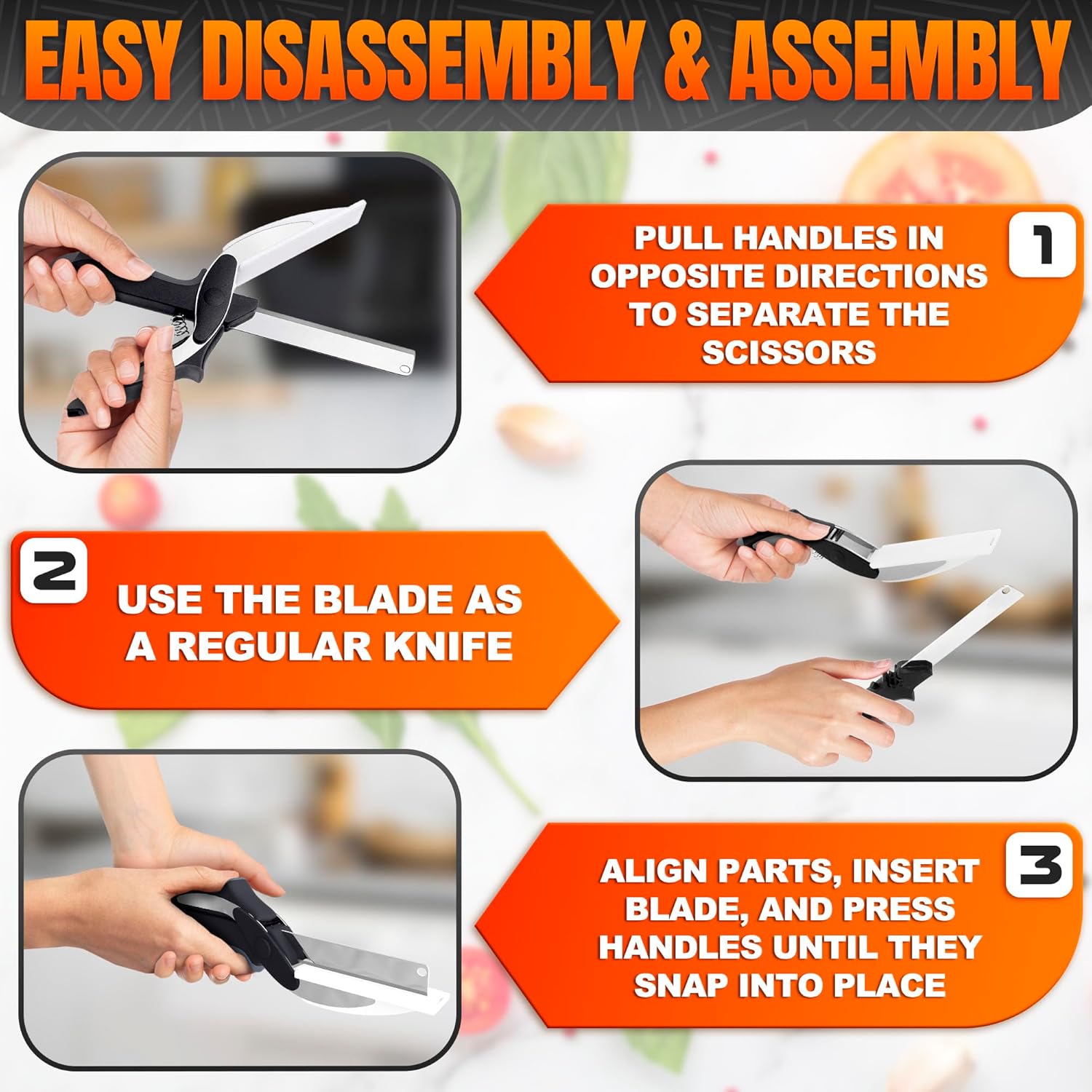 2 in 1 Kitchen Scissors for Food – Stainless Steel Blade & Plastic Cutting Board Scissors with Safety Lock | Tomato Knife, Fruit & Vegetable Cutter – Easy-to-Use Kitchen Shears for Meat, Cheese