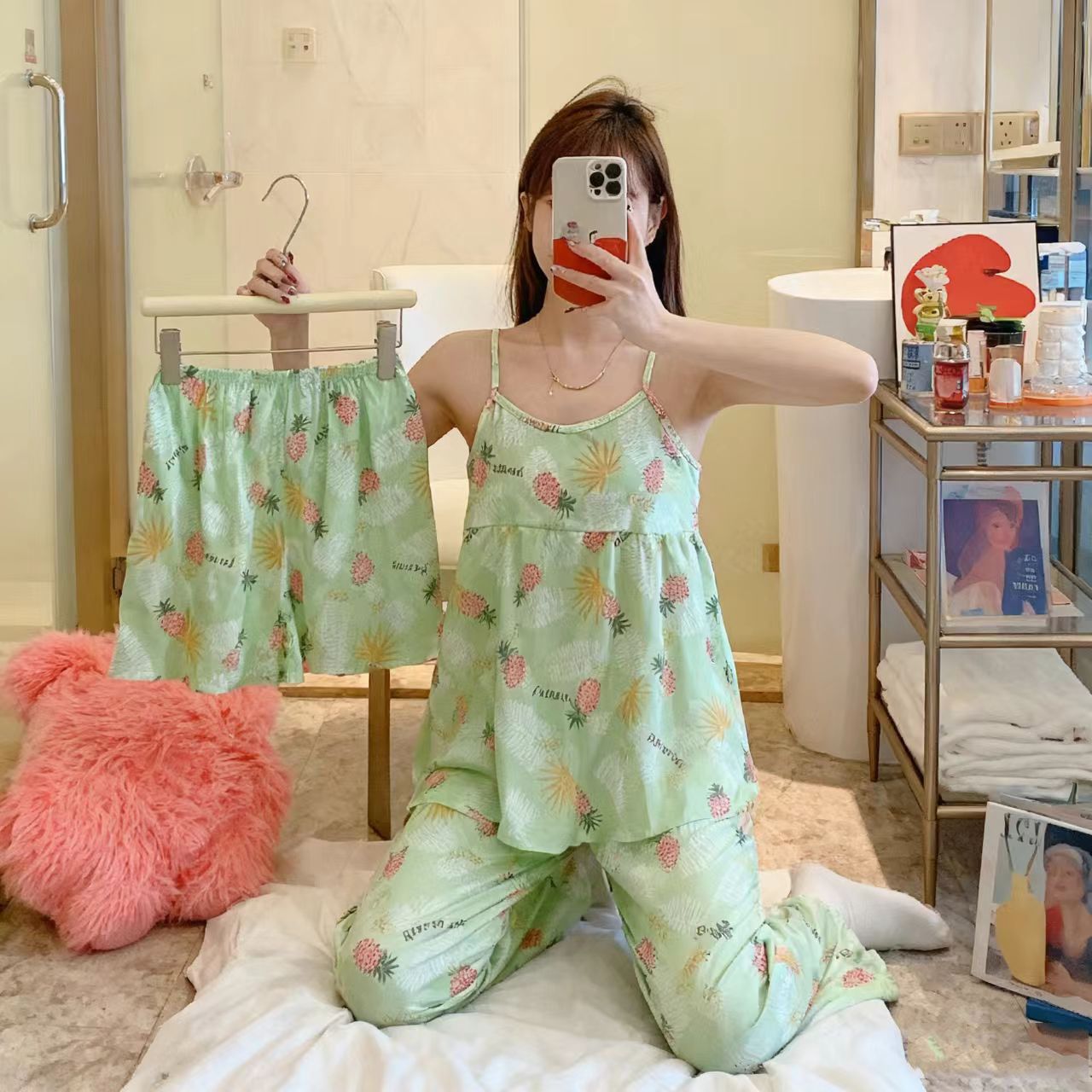 3pcs Women's Printed Vest Shorts Pants Home Wear Set Casual Pajamas Set Women's Large Size Pajama Set  Ladies Pajama Set