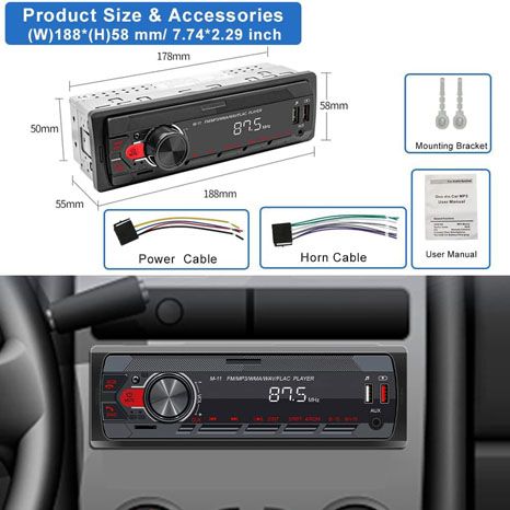 1 Din Car Stereo Bluetooth 5.0 Multimedia Audio Receiver, USB FM Radio MP3 Player,  Hands-Free Call Voice Control, AUX in/TF Input APP Control LCD Digital Display，HiFi Sound System for All Car Models