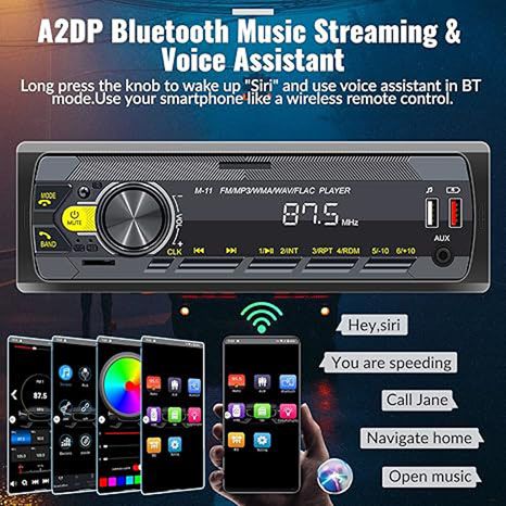 1 Din Car Stereo Bluetooth 5.0 Multimedia Audio Receiver, USB FM Radio MP3 Player,  Hands-Free Call Voice Control, AUX in/TF Input APP Control LCD Digital Display，HiFi Sound System for All Car Models