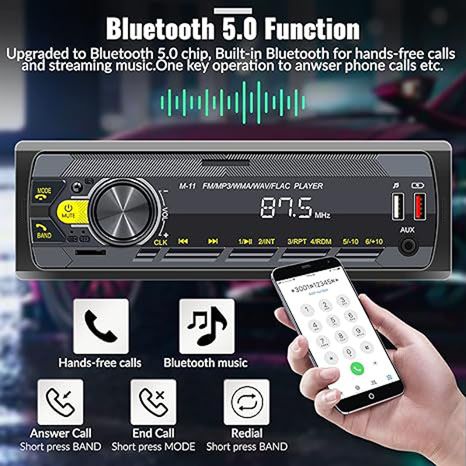 1 Din Car Stereo Bluetooth 5.0 Multimedia Audio Receiver, USB FM Radio MP3 Player,  Hands-Free Call Voice Control, AUX in/TF Input APP Control LCD Digital Display，HiFi Sound System for All Car Models