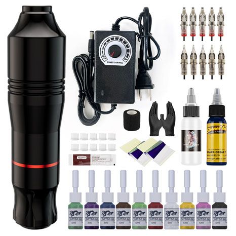 Tattoo Kit, Wormhole Tattoo Pen Kit Complete Tattoo Practice Kit Rotary Tattoo Machine Kit with 10pcs Tattoo Cartridge Needles, 10pcs Tattoo Inks Tattoo Gun Kit Beginner
