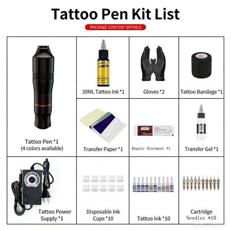 Tattoo Kit, Wormhole Tattoo Pen Kit Complete Tattoo Practice Kit Rotary Tattoo Machine Kit with 10pcs Tattoo Cartridge Needles, 10pcs Tattoo Inks Tattoo Gun Kit Beginner