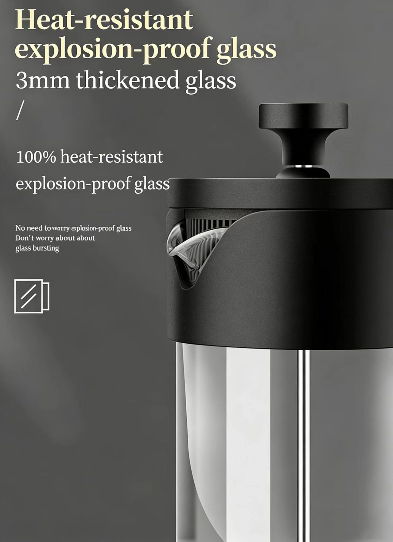 600ML French Press Coffee Maker/Teapot - Heat Resistant Borosilicate Glass - Stainless Steel Filter and Black Cover，Maximum Flavor Coffee Brewer with Superior Filtration