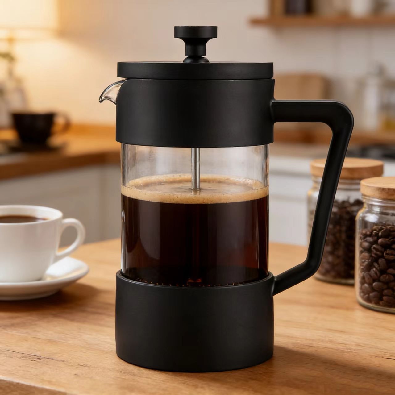 600ML French Press Coffee Maker/Teapot - Heat Resistant Borosilicate Glass - Stainless Steel Filter and Black Cover，Maximum Flavor Coffee Brewer with Superior Filtration