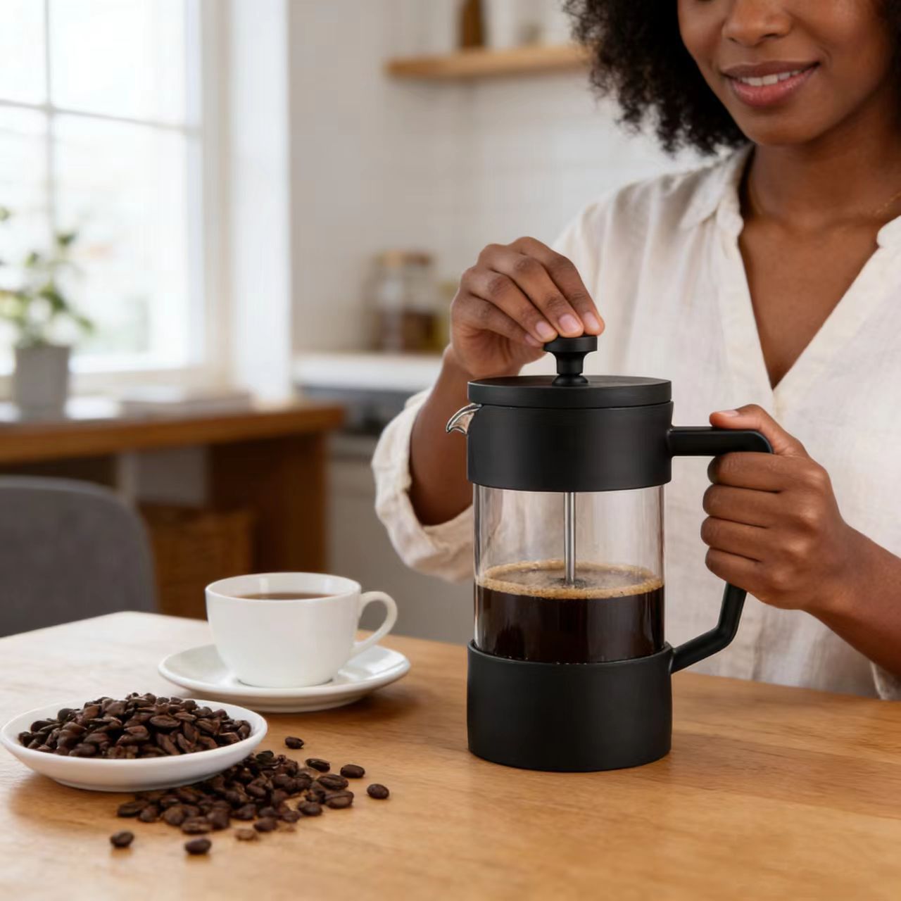 600ML French Press Coffee Maker/Teapot - Heat Resistant Borosilicate Glass - Stainless Steel Filter and Black Cover，Maximum Flavor Coffee Brewer with Superior Filtration