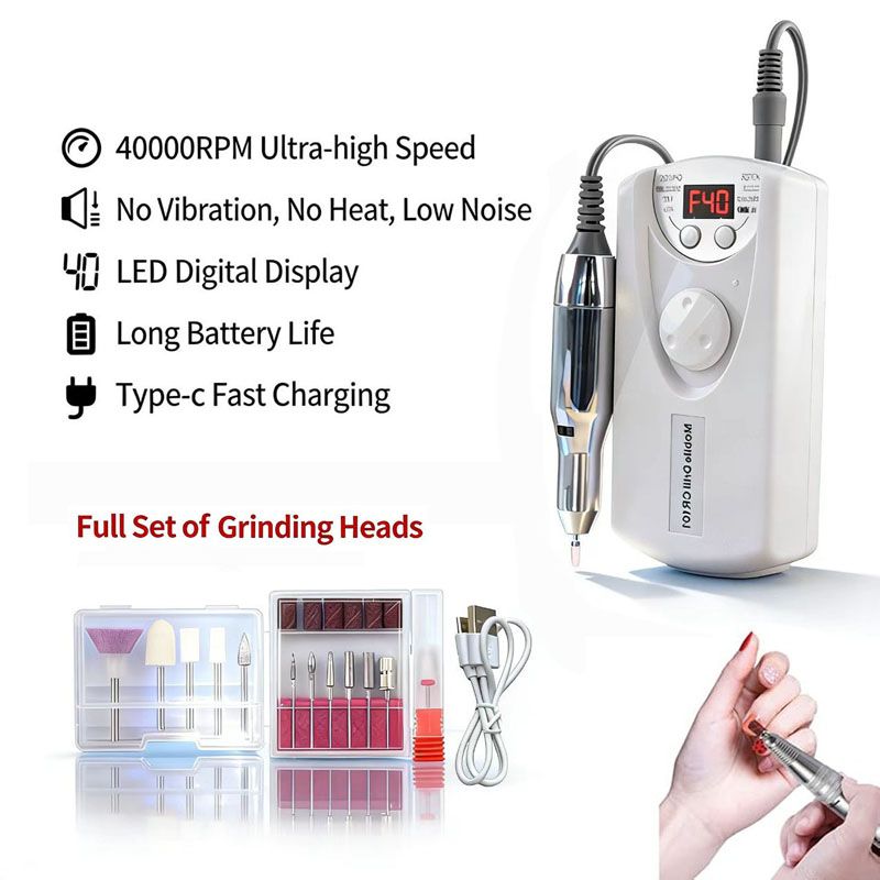 40000RPM Portable Cordless Nail Drill Machine with Bits, Rechargeable E File for Acrylic & Gel Nails, Manicure & Pedicure Tech Tool for Home Salon, Nail File Polishing Grinding Machine