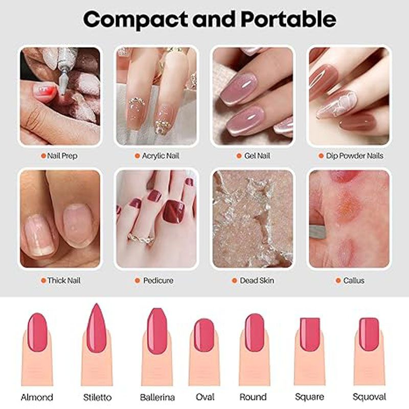 40000RPM Portable Cordless Nail Drill Machine with Bits, Rechargeable E File for Acrylic & Gel Nails, Manicure & Pedicure Tech Tool for Home Salon, Nail File Polishing Grinding Machine