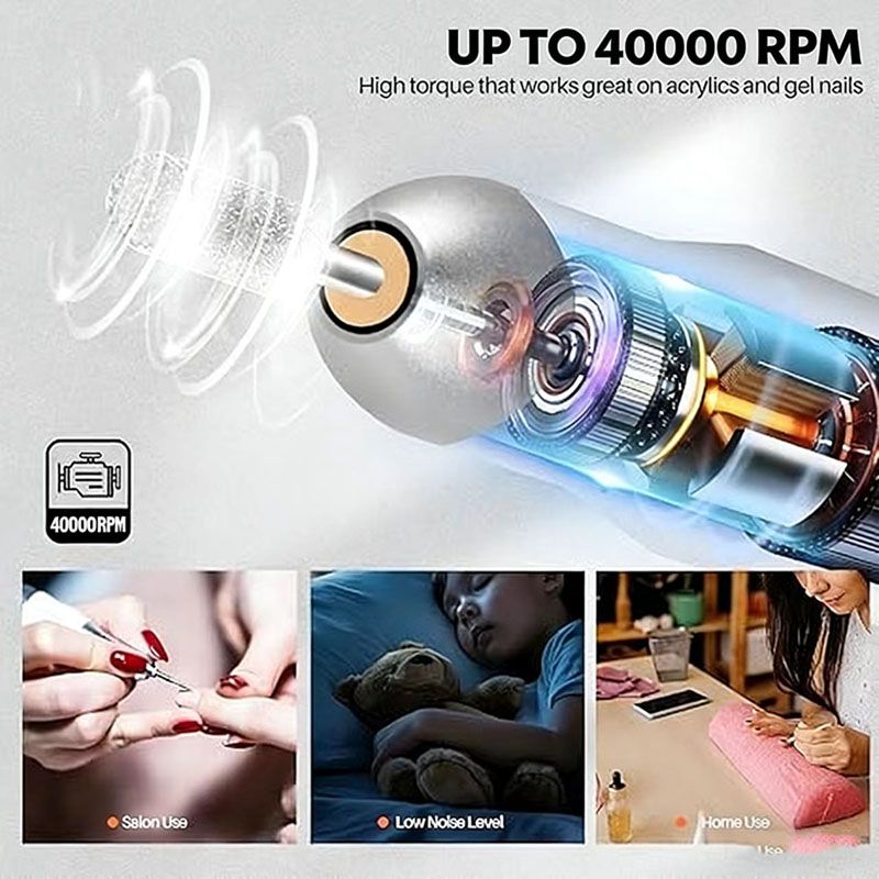 40000RPM Portable Cordless Nail Drill Machine with Bits, Rechargeable E File for Acrylic & Gel Nails, Manicure & Pedicure Tech Tool for Home Salon, Nail File Polishing Grinding Machine