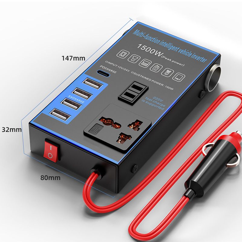 12v24v to 220v car inverter truck car universal converter mobile phone dual flash charging socket charger ， 200W Car Power Inverter，Durable Power Converter.4 USB Ports.Peak power1500W