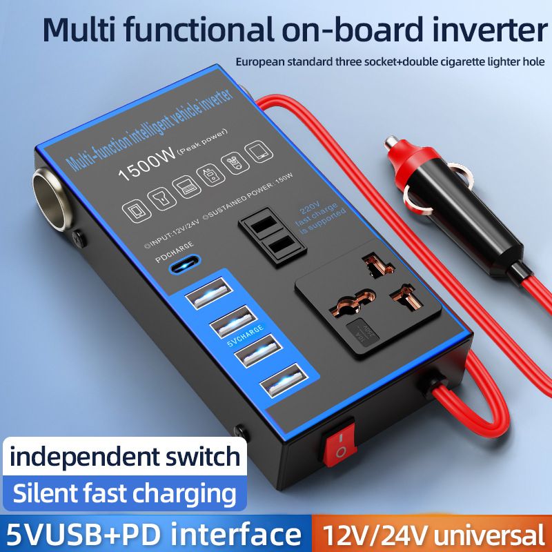 12v24v to 220v car inverter truck car universal converter mobile phone dual flash charging socket charger ， 200W Car Power Inverter，Durable Power Converter.4 USB Ports.Peak power1500W