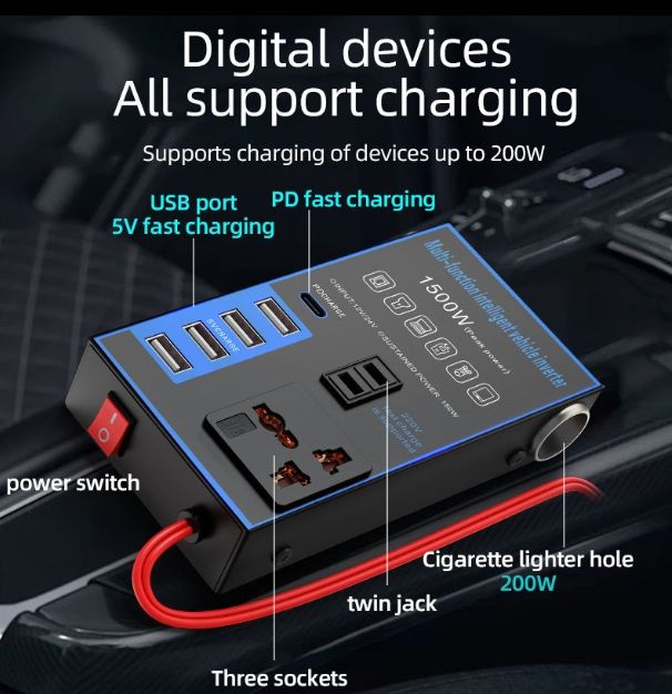 12v24v to 220v car inverter truck car universal converter mobile phone dual flash charging socket charger ， 200W Car Power Inverter，Durable Power Converter.4 USB Ports.Peak power1500W