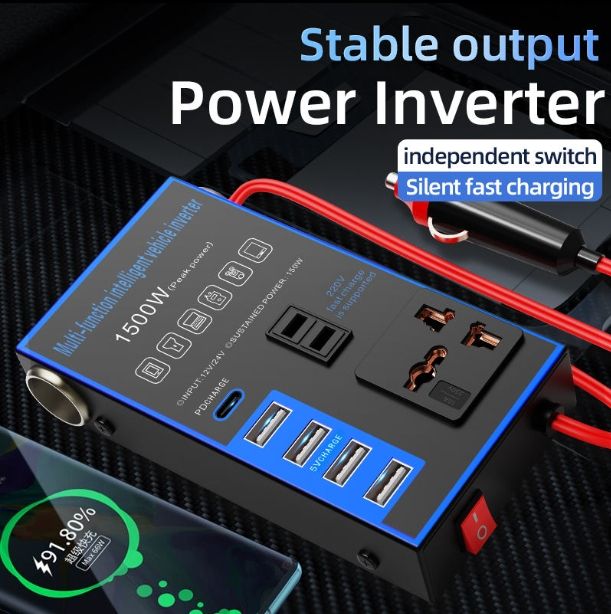 12v24v to 220v car inverter truck car universal converter mobile phone dual flash charging socket charger ， 200W Car Power Inverter，Durable Power Converter.4 USB Ports.Peak power1500W