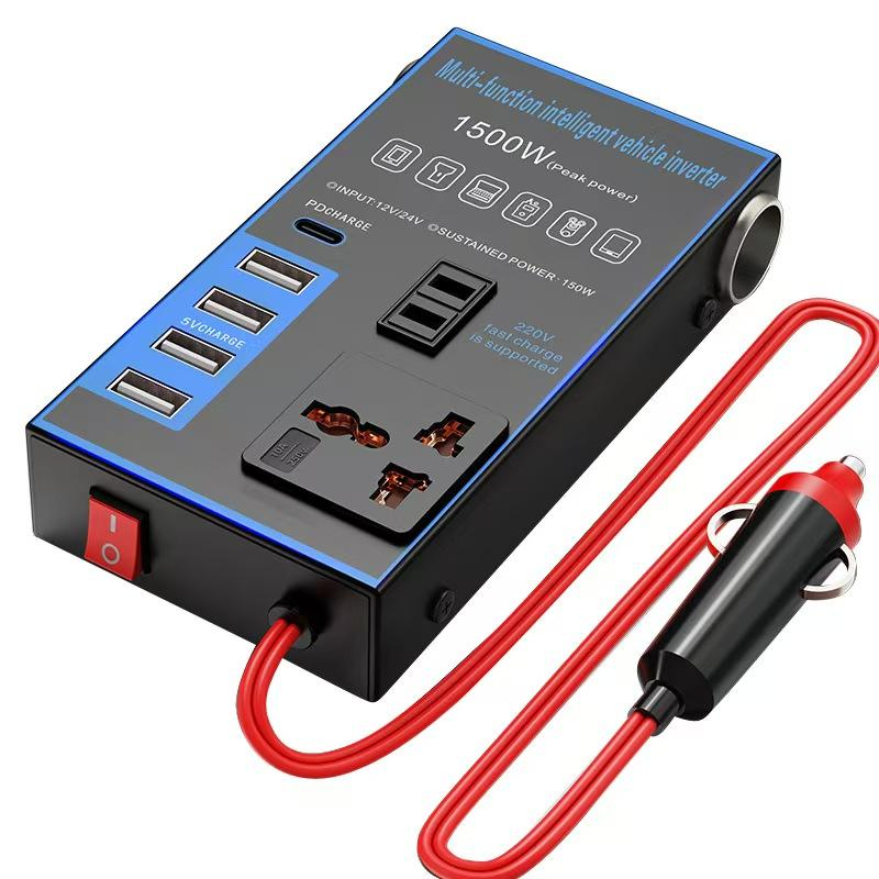 12v24v to 220v car inverter truck car universal converter mobile phone dual flash charging socket charger ， 200W Car Power Inverter，Durable Power Converter.4 USB Ports.Peak power1500W
