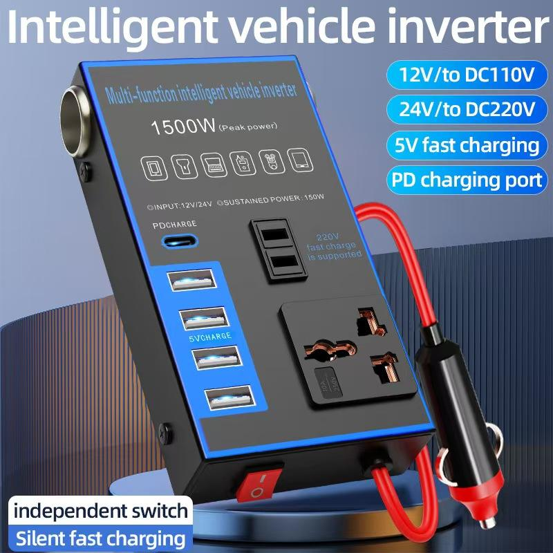 12v24v to 220v car inverter truck car universal converter mobile phone dual flash charging socket charger ， 200W Car Power Inverter，Durable Power Converter.4 USB Ports.Peak power1500W