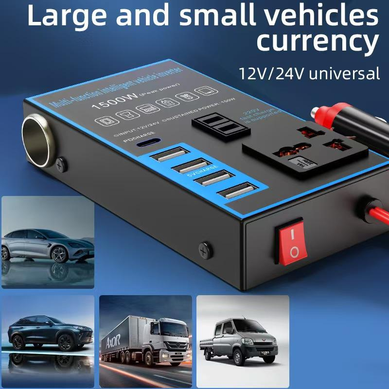12v24v to 220v car inverter truck car universal converter mobile phone dual flash charging socket charger ， 200W Car Power Inverter，Durable Power Converter.4 USB Ports.Peak power1500W