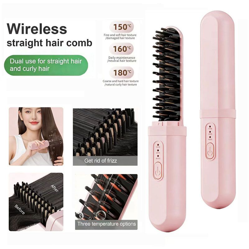 Portable 2-in-1 Hair Straightener Brush, Curling & Straightening Comb,Hair Straightener Brush Cordless  Rechargeable Compact Cordless Heating Comb Portable Travel Heat Brush 3 Temperature