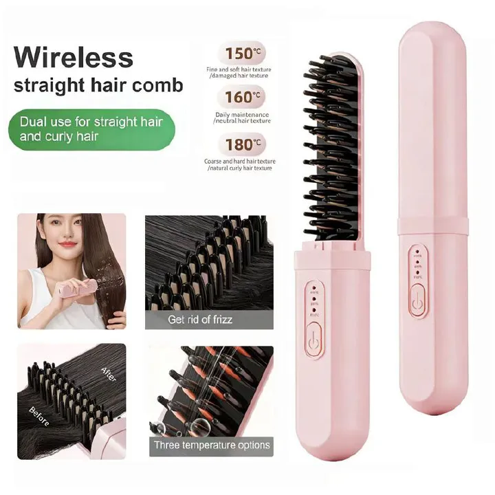 Portable 2-in-1 Hair Straightener Brush, Curling & Straightening Comb,Hair Straightener Brush Cordless  Rechargeable Compact Cordless Heating Comb Portable Travel Heat Brush 3 Temperature