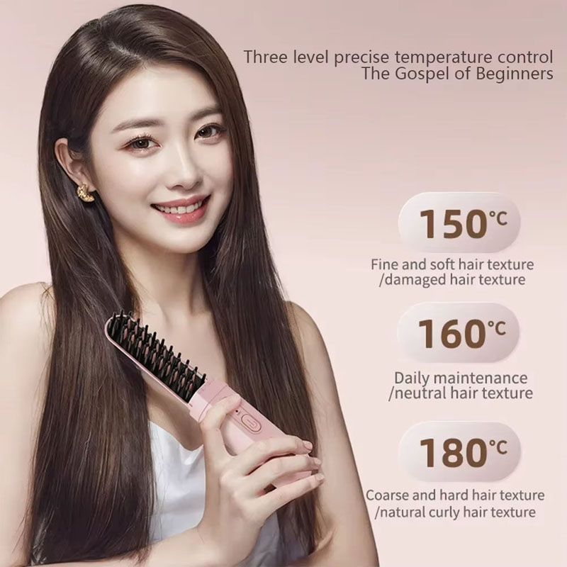 Portable 2-in-1 Hair Straightener Brush, Curling & Straightening Comb,Hair Straightener Brush Cordless  Rechargeable Compact Cordless Heating Comb Portable Travel Heat Brush 3 Temperature
