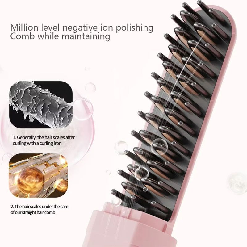 Portable 2-in-1 Hair Straightener Brush, Curling & Straightening Comb,Hair Straightener Brush Cordless  Rechargeable Compact Cordless Heating Comb Portable Travel Heat Brush 3 Temperature