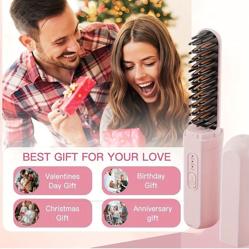 Portable 2-in-1 Hair Straightener Brush, Curling & Straightening Comb,Hair Straightener Brush Cordless  Rechargeable Compact Cordless Heating Comb Portable Travel Heat Brush 3 Temperature