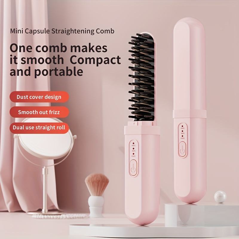 Portable 2-in-1 Hair Straightener Brush, Curling & Straightening Comb,Hair Straightener Brush Cordless  Rechargeable Compact Cordless Heating Comb Portable Travel Heat Brush 3 Temperature