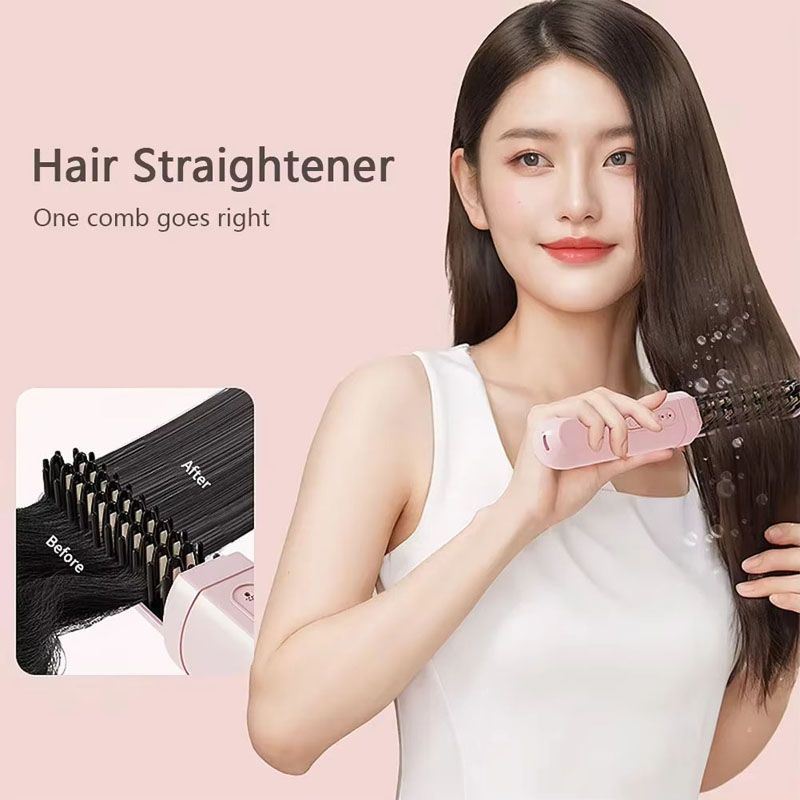 Portable 2-in-1 Hair Straightener Brush, Curling & Straightening Comb,Hair Straightener Brush Cordless  Rechargeable Compact Cordless Heating Comb Portable Travel Heat Brush 3 Temperature