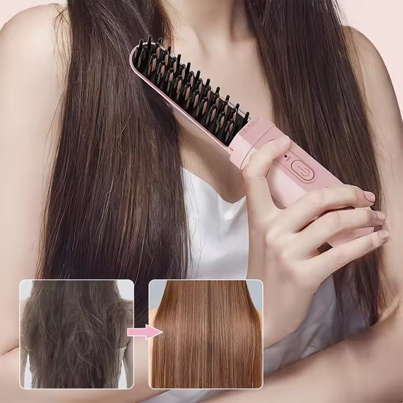 Portable 2-in-1 Hair Straightener Brush, Curling & Straightening Comb,Hair Straightener Brush Cordless  Rechargeable Compact Cordless Heating Comb Portable Travel Heat Brush 3 Temperature