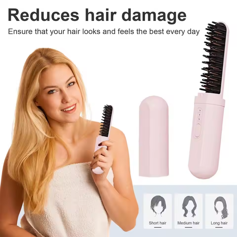 Portable 2-in-1 Hair Straightener Brush, Curling & Straightening Comb,Hair Straightener Brush Cordless  Rechargeable Compact Cordless Heating Comb Portable Travel Heat Brush 3 Temperature