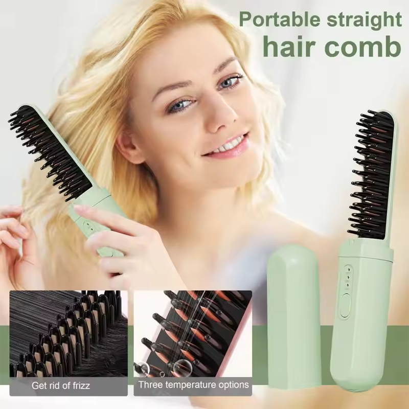 Portable 2-in-1 Hair Straightener Brush, Curling & Straightening Comb,Hair Straightener Brush Cordless  Rechargeable Compact Cordless Heating Comb Portable Travel Heat Brush 3 Temperature