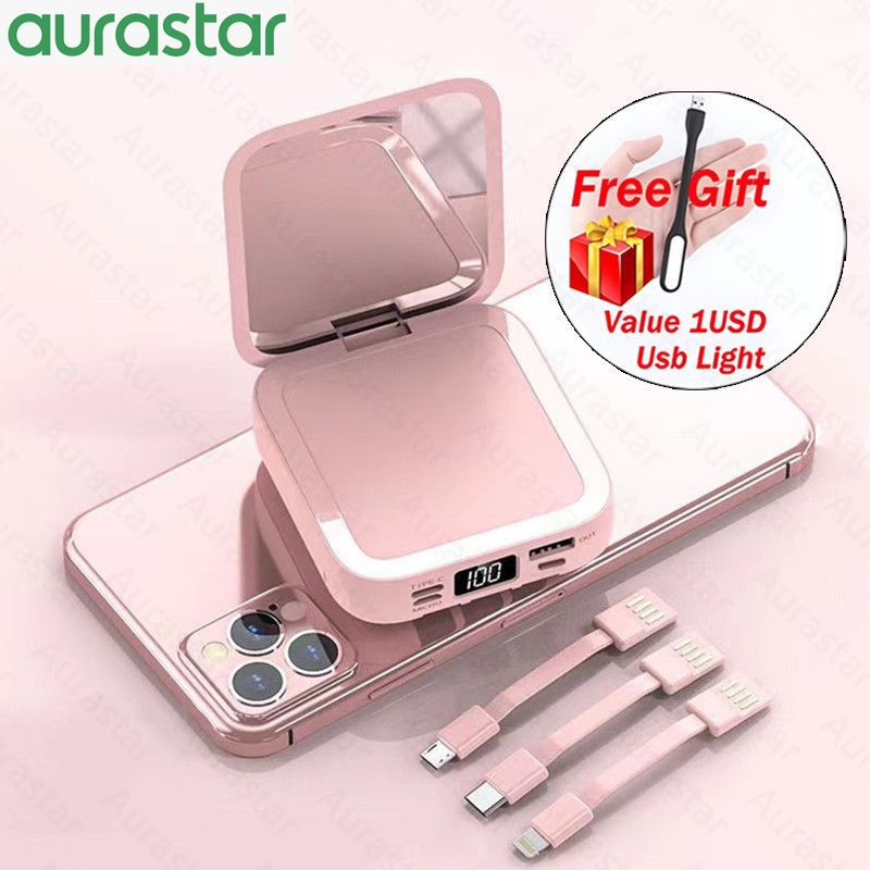 LED powerbank Digital Display 10000Mah Mini Makeup Mirror with LED Digital Mirror Built-in Removable 3 Cable Mobile Power Bank