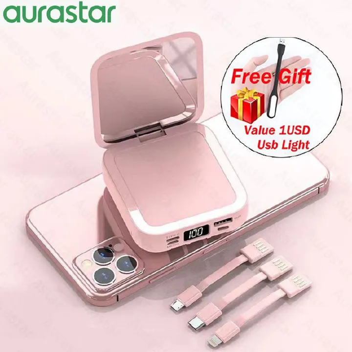LED powerbank Digital Display 10000Mah Mini Makeup Mirror with LED Digital Mirror Built-in Removable 3 Cable Mobile Power Bank