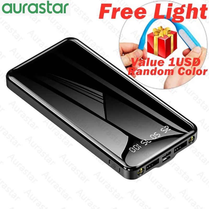 2A Fast Charging powerbank 10000mAh Charging Power Bank Dual UsB Universal Portable Mirror Black Power Charging Bank Suitable for Android iPhone with Usb Light as Gift