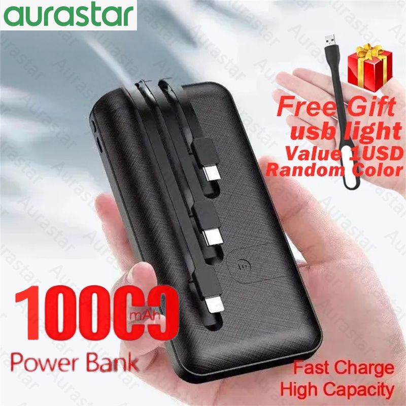 3 Cables Powerbank 10000mAh With Phone Holder Function Power Bank 3-Wire Portable Power Charging Bank Fast Charger with Phone Holder Function