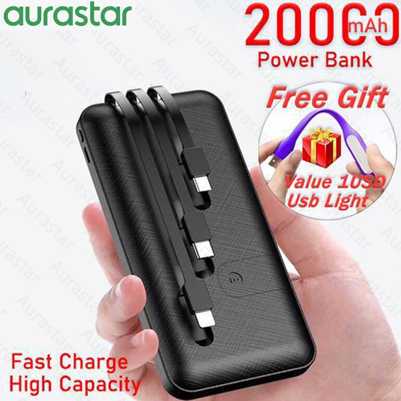 3 Cables Powerbank 10000mAh With Phone Holder Function Power Bank 3-Wire Portable Power Charging Bank Fast Charger with Phone Holder Function