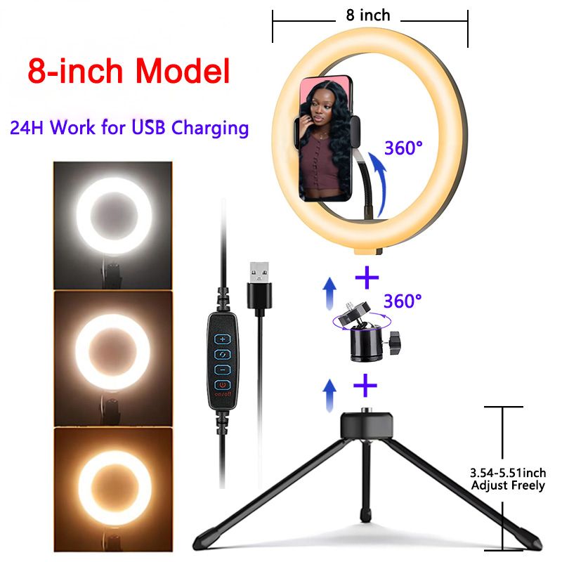 10inch/ 8inch 26cm LED Selfie Ring Light Circle Fill Light+2-in-1 design combines the phone holder