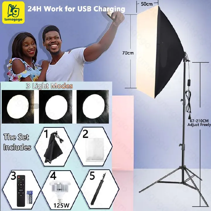 Photography Soft Box 50x70CM 2.1M Tripod Video Soft Box Camera Equipment Photography Studio with Bulb 125 W Lamp Holder E27