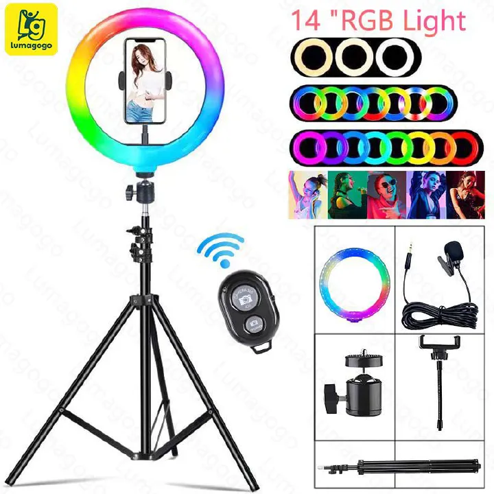 4 in 1(Free Gift: Micphone+Remote) 14 inch Ring RGB colors light beauty fill light mobile phone live photography color atmosphere light 2.1M Tripod Stand for Selfie/Makeup/Youtube/Tiktok Video