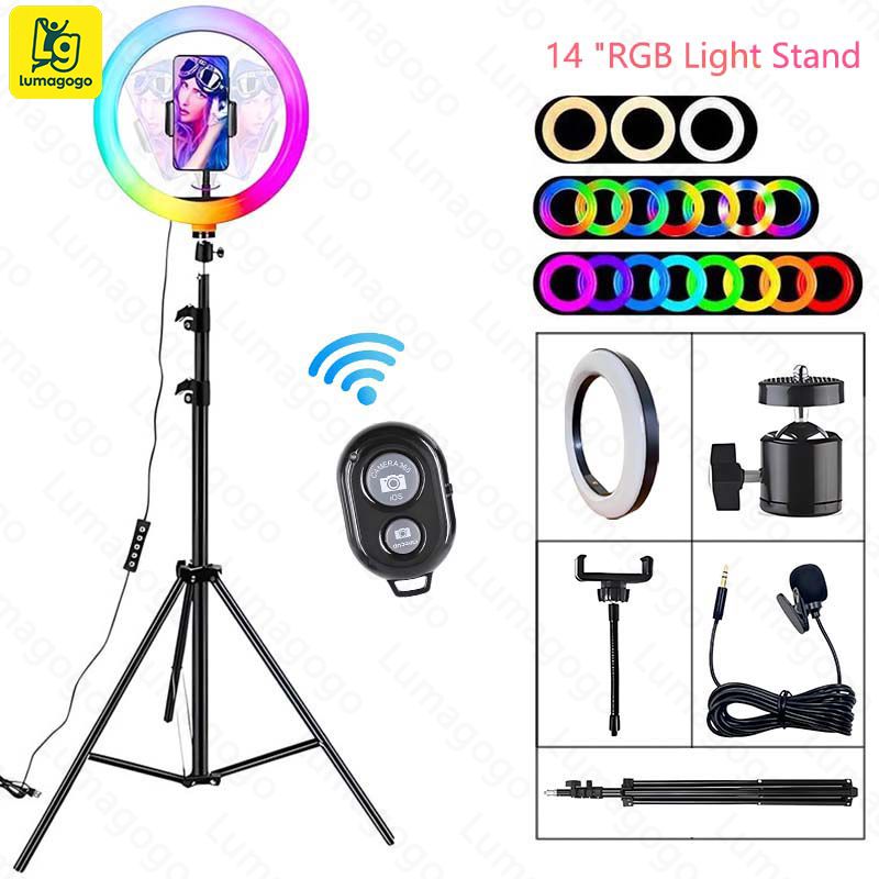 New (Free Gift: Micphone+Remote) 14inch ring RGB colors light live camera beauty fill light mobile phone live photography color atmosphere light 2.1M Tripod Stand