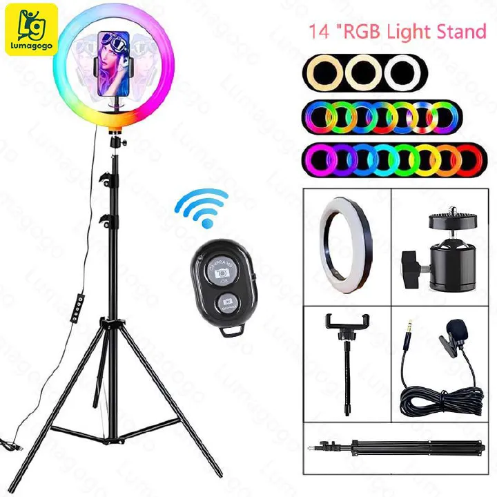 New (Free Gift: Micphone+Remote) 14inch ring RGB colors light live camera beauty fill light mobile phone live photography color atmosphere light 2.1M Tripod Stand