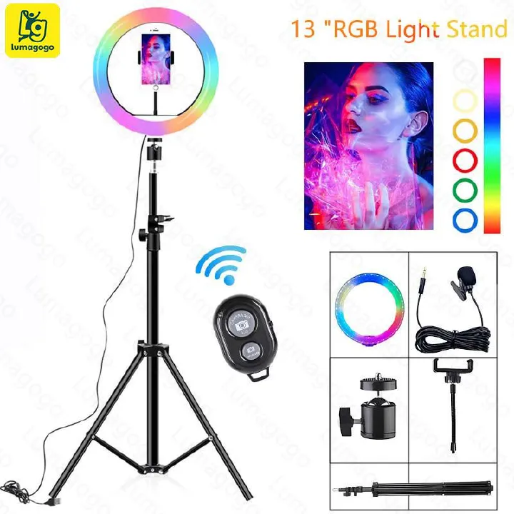 New 13inch ring light RGB colors with 2.1M Tripod Stand(Free Gift: Micphone+Remote) live camera beauty fill light photography color atmosphere light